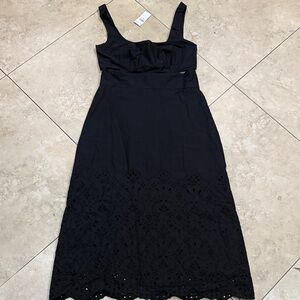 Ann Taylor Black Sleeveless Midi Dress with Eyelet Hem Detail